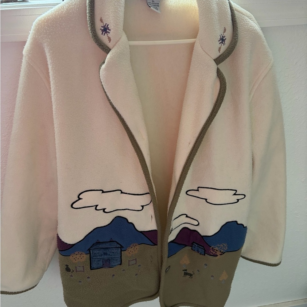 Vintage Alfred Dunner Scenic Fleece Jacket XL Cottage Cabin Folk Art